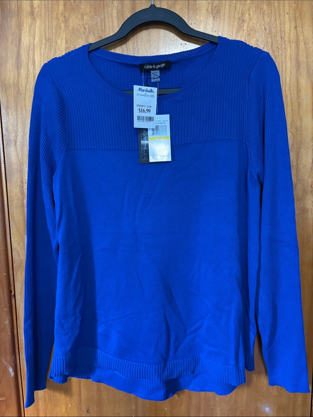 NWT Cable & Gauge Angelfish Blue Ribbed Yoke Long Sleeve Sweater - Size M